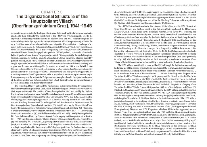 Two pages from the book "Zollgrenzschutz" by Schiffer Publishing, Ltd. feature English text on the Hauptzollamt Villach (Oberfinanzpräsidium Graz), 1941–1945, detailing Zollgrenzschutz roles amid German police operations and Balkan resistance.