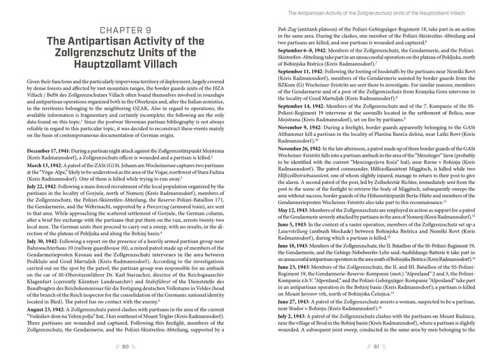Two pages from "Zollgrenzschutz" by Schiffer Publishing, Ltd. feature dense text detailing the actions of this German police unit against Balkan resistance, organized in chronological bullet points and paragraphs.