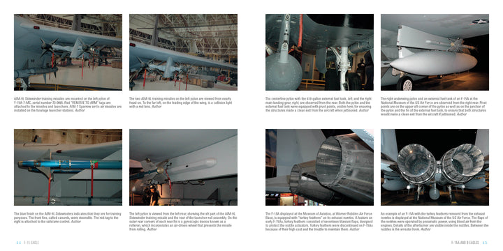 Six images from Schiffer Publishing, Ltd.’s “F-15 Eagle” capture close-up museum views of the aircraft’s missiles, engines, landing gear, and weapon mounts, each with detailed captions on a white background—ideal for aviation enthusiasts.