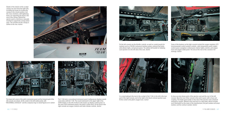 A two-page spread in Schiffer Publishing, Ltd.’s F-15 Eagle features detailed photos of its cockpit, instrument panels, and control switches with captions explaining key avionics and cockpit features for aviation enthusiasts.