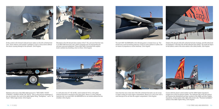 A two-page magazine spread from Schiffer Publishing, Ltd. showcases eight photos of the F-15 Eagle on an airfield, each with detailed captions about its features and components for aviation enthusiasts.