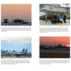 A two-page spread in Schiffer Publishing, Ltd.’s F-15 Eagle features eight striking photos of the fighter, capturing scenes from maintenance to takeoff against dramatic mountain and sunset skies—perfect for aviation enthusiasts.