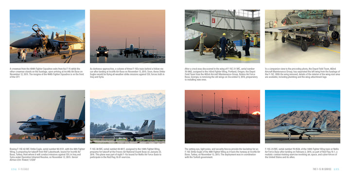 A two-page spread in Schiffer Publishing, Ltd.’s F-15 Eagle features eight striking photos of the fighter, capturing scenes from maintenance to takeoff against dramatic mountain and sunset skies—perfect for aviation enthusiasts.