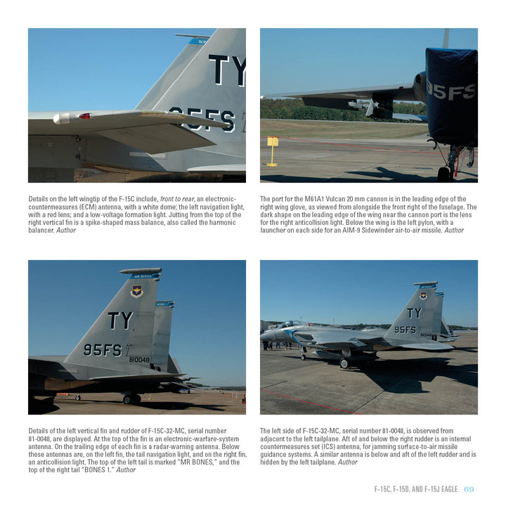 Four photos highlight the F-15 Eagle by Schiffer Publishing, Ltd.: the left wingtip with ECM pod, M61A1 Vulcan cannon port, left vertical fin with squadron markings, and right fuselage—perfect for aviation enthusiasts.