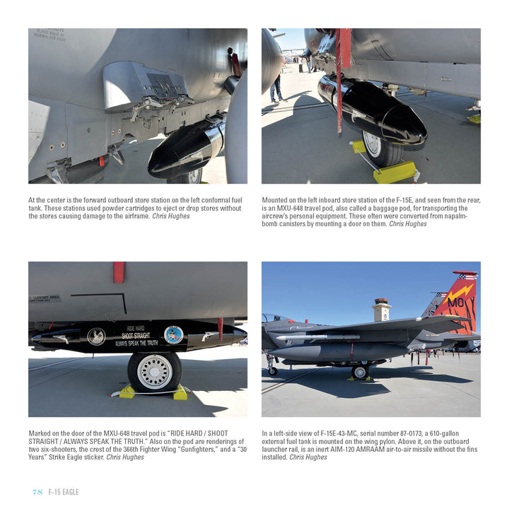Four close-up photos display parts of the F-15 Eagle, including weapon points, a travel pod, missile pylons, and air-to-air missiles under the wings—a must-see for aviation fans. From Schiffer Publishing, Ltd.
