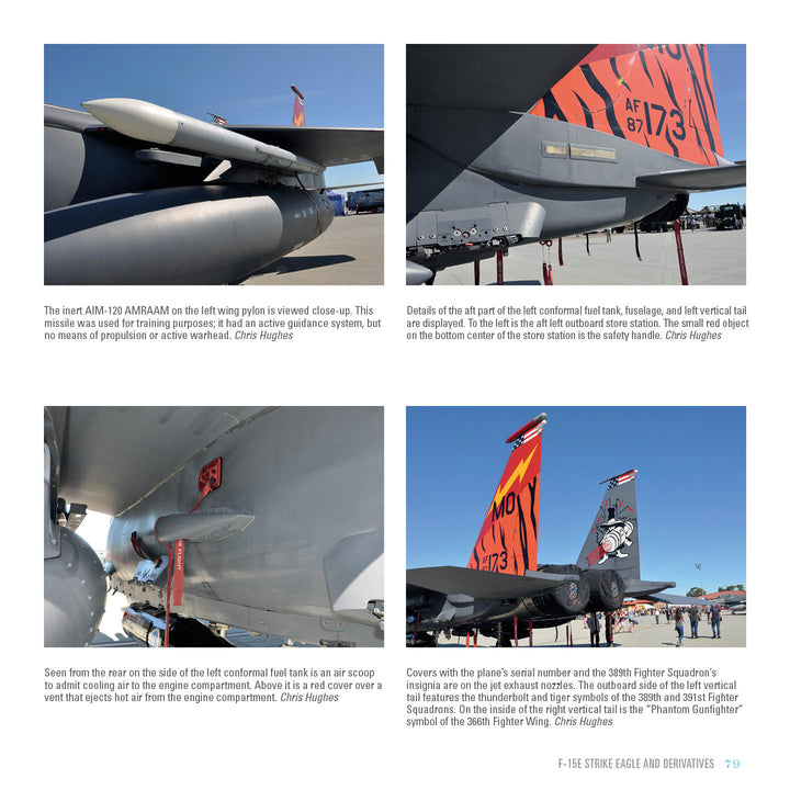 Aviation fans will enjoy four photos of the F-15 Eagle from Schiffer Publishing, Ltd.: an inert AIM-120 underwing, detailed tail jets, a close-up of the conformal fuel tank, and tiger-designed tail fins on this famous fighter.