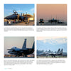 Four photos of F-15 Eagle fighter aircraft on runways and in flight, featuring crew and diverse settings like snowy mountains—perfect for aviation enthusiasts. From Schiffer Publishing, Ltd.