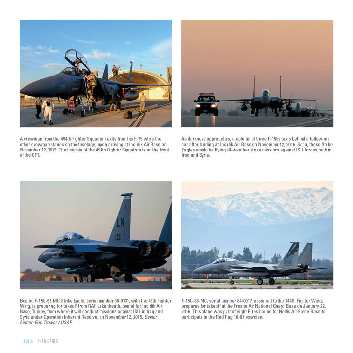 Four photos of F-15 Eagle fighter aircraft on runways and in flight, featuring crew and diverse settings like snowy mountains—perfect for aviation enthusiasts. From Schiffer Publishing, Ltd.