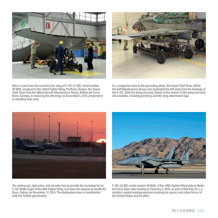 A collage of four photos from Schiffer Publishing, Ltd.’s F-15 Eagle shows the aircraft being serviced, prepped at sunset, and taxiing on a runway—an impressive view for aviation fans with crews and hangar equipment visible.