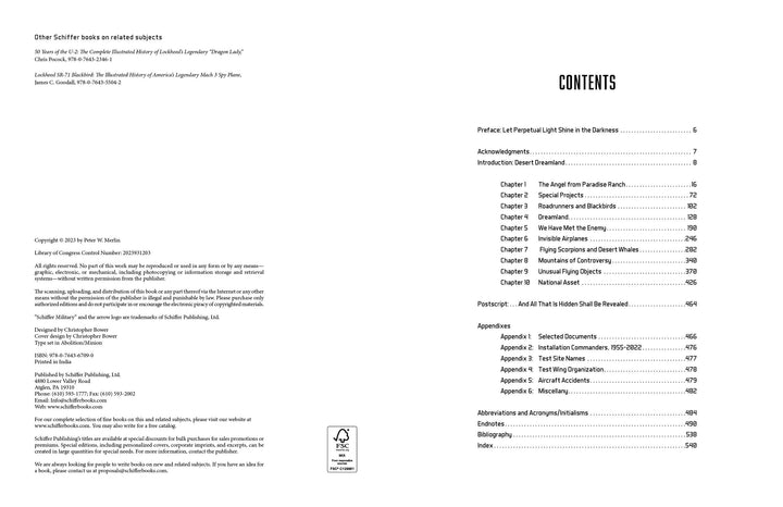 The image shows two pages of "Dreamland" by Schiffer Publishing, Ltd. The left page has publication and copyright info; the right page presents the table of contents, with chapters on Area 51, Groom Lake, and advanced aviation technology.