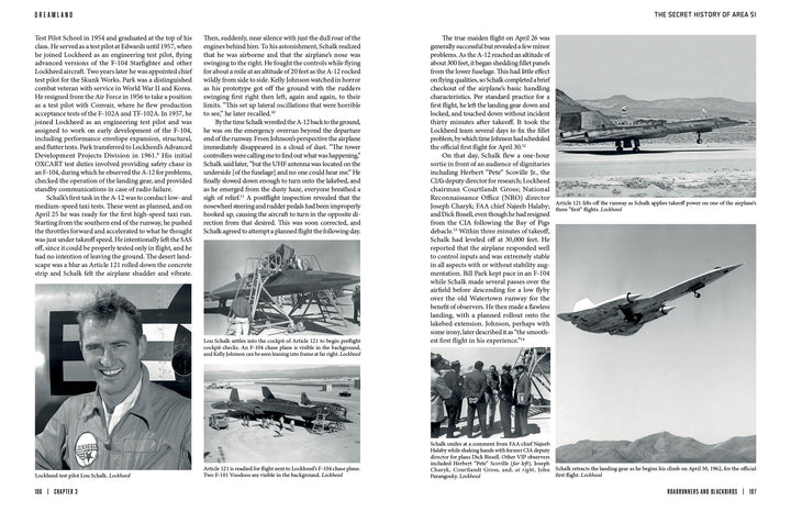 A magazine spread in Dreamland by Schiffer Publishing, Ltd. showcases black-and-white photos of aircraft at Groom Lake, men working on planes, a smiling man in a portrait, and people posing with advanced aviation tech, with text across both pages.