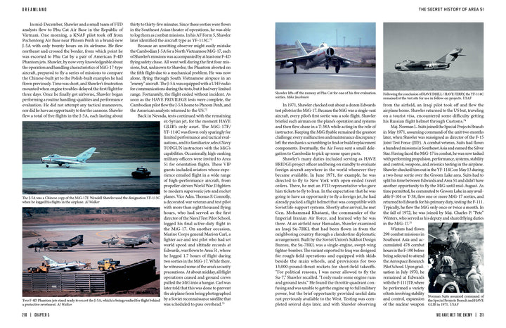 A two-page magazine spread on aviation history from "Dreamland" by Schiffer Publishing, Ltd. features dense text, six color photos of military aircraft (some Groom Lake-related), and a photo of a hangar with an aircraft inside.