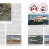 A magazine spread from Schiffer Publishing’s Dreamland features commercial airplanes on runways, a group by a plane, advanced aviation tech, and two red warning icons highlighting photography restrictions near aircraft.