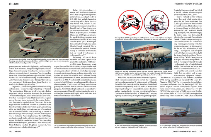 A magazine spread from Schiffer Publishing’s Dreamland features commercial airplanes on runways, a group by a plane, advanced aviation tech, and two red warning icons highlighting photography restrictions near aircraft.