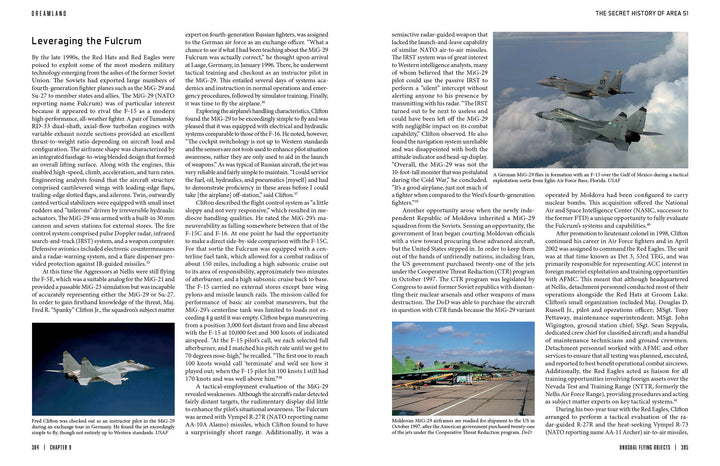 A magazine spread in Dreamland by Schiffer Publishing, Ltd. highlights advanced aviation tech with images of two MiG-29 Fulcrum jets flying in formation, a solo MiG-29 in flight, and several parked on an airfield.