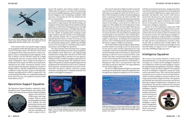 A magazine spread from "Dreamland" by Schiffer Publishing, Ltd. features Area 51 and Groom Lake with images of a black helicopter, a person at a computer with a military map, an aerial desert base view, and an intelligence squadron emblem.