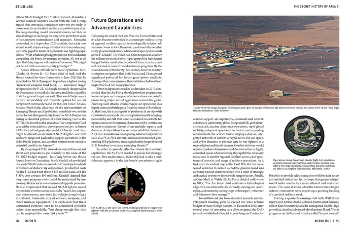 Aerial view of Area 51 from Dreamland by Schiffer Publishing, Ltd. shows hangars and buildings in the desert; surrounding text covers classified operations and aviation tech, with two circular mission patches at the bottom.
