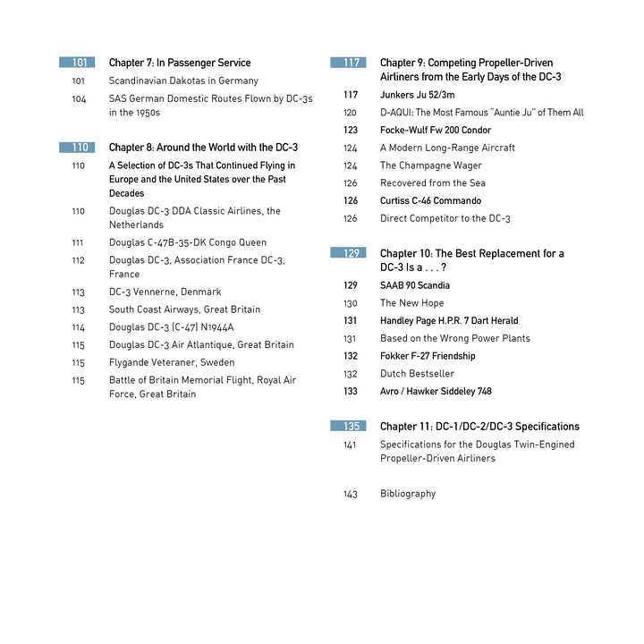 A table of contents for Douglas DC-3 by Schiffer Publishing, Ltd. lists chapters on airline operations, specs, replacement jets, and Legends of Flight with numbered blue and white boxes highlighting chapters and pages.