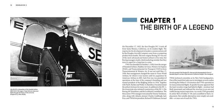 A black-and-white photo shows a female airline attendant on the stairs beside a vintage American airliner. Opposite is CHAPTER 1: THE BIRTH OF A LEGEND, text, and an airfield image featuring the Douglas DC-3 by Schiffer Publishing, Ltd.