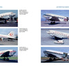 A collage of six vintage Douglas DC-3 aircraft, each shown in distinct liveries with captions about their airline operators and paint schemes—a Schiffer Publishing, Ltd. tribute to aviation history.