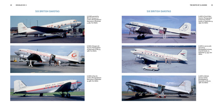 A collage of six vintage Douglas DC-3 aircraft, each shown in distinct liveries with captions about their airline operators and paint schemes—a Schiffer Publishing, Ltd. tribute to aviation history.