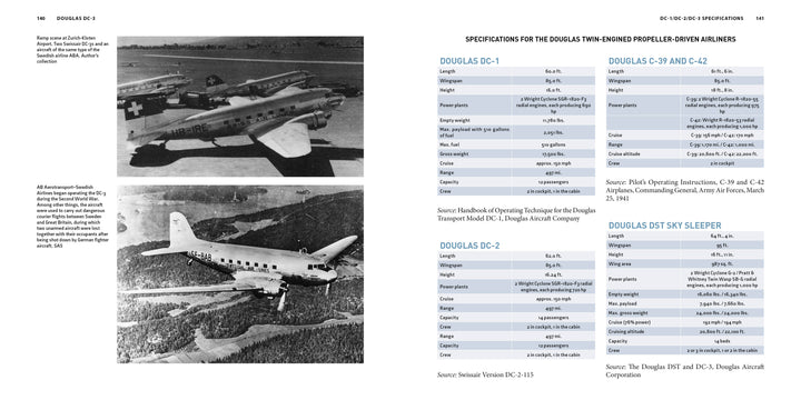 Two black-and-white images feature the Douglas DC-3 by Schiffer Publishing, Ltd.: one depicts three planes on a runway, another flying above a forest. On the right, tables display Legends of Flight specs for different Douglas models.