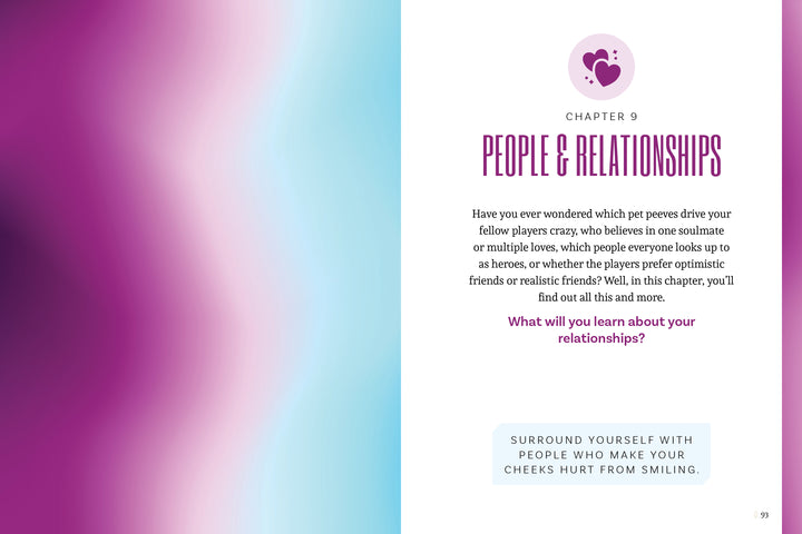 An open copy of "This or That - Game in a Book" by Schiffer Publishing, Ltd. displays Chapter 9: People & Relationships with a heart icon. The right page discusses relationship dynamics; the left shows a pink and purple gradient background.