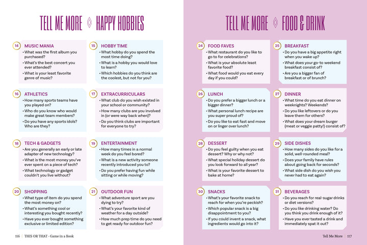 Schiffer Publishing, Ltd.'s This or That - Game in a Book features two vibrant pages, Happy Hobbies and Food & Drink, packed with fun questions about hobbies, sports, snacks, and drinks—ideal conversation starters or additions to any quiz book!.
