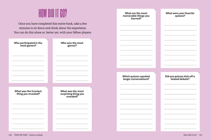 A two-page How Did It Go? spread in Schiffer Publishing, Ltd.'s This or That - Game in a Book includes blank question boxes for reflecting on play, like “Who participated the most?” and “What were your favorite quizzes?”.
