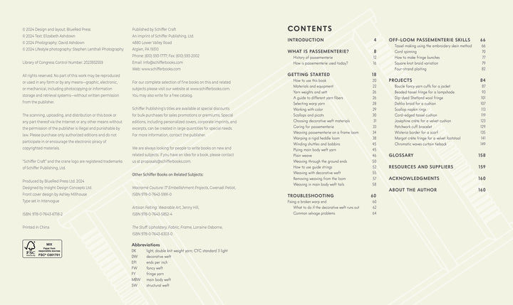The contents and copyright page of "Passementerie" by Schiffer Publishing, Ltd. lists sections like Introduction, Getting Started, Ornamental Trimmings, Projects on handwoven passementerie, Glossary; publishing info appears left.