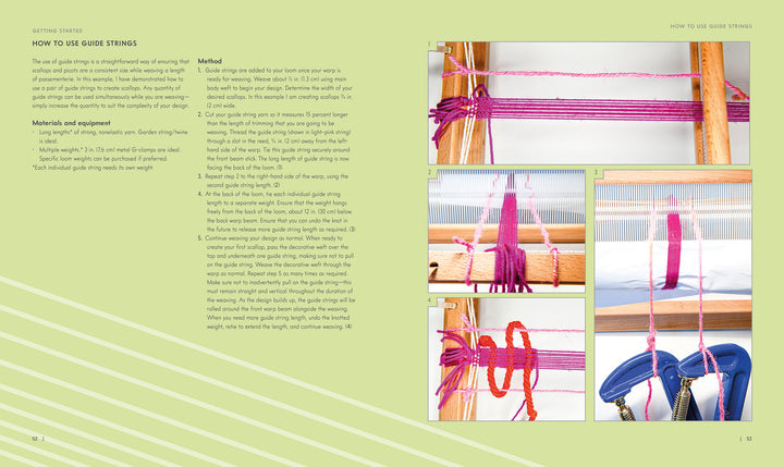 Step-by-step guide to using guide strings in weaving, featuring pink and purple yarns on a wooden loom, with instructions for creating handwoven passementerie. From Schiffer Publishing, Ltd.—perfect for decorative textile crafts on a light yellow background.