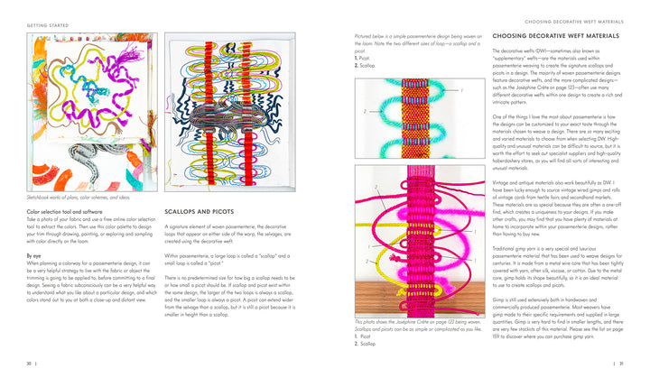 In "Passementerie" by Schiffer Publishing, Ltd., you'll find colorful woven designs, pattern diagrams, close-up knotting photos, and guidance on selecting materials for creating decorative handwoven trimmings in textile crafts.