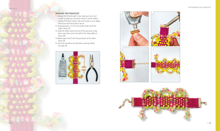 An instructional page from Schiffer Publishing, Ltd.'s Passementerie shows how to make a colorful woven bracelet with wavy edges using glue, pliers, a chain clasp, and multicolored yarn. Step-by-step photos and the finished bracelet are included.