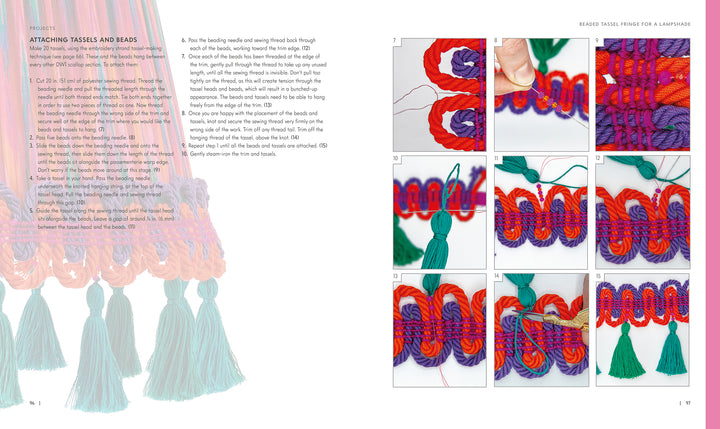 The open book "Passementerie" by Schiffer Publishing, Ltd. features instructions and step-by-step photos for attaching tassels and beads to textiles, with the left page showing colorful tassels and the right displaying detailed craft steps.