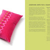 A bright pink velvet cushion with gold cord trim and handwoven Passementerie lies on a white surface. Next to it, Schiffer Publishing, Ltd. details how to make the cushion, listing materials, equipment, and instructions on a yellow background.