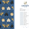 The left page of Secret Diary Society All About Me by Schiffer Publishing, Ltd. has a blue background with yellow, white, and black moth and star patterns; the right side shows the journal's table of contents on life, gratitude, emotions, dreams & reflections.