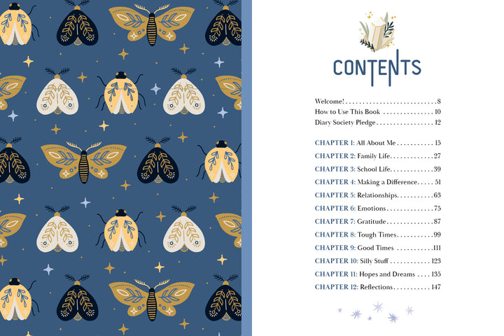 The left page of Secret Diary Society All About Me by Schiffer Publishing, Ltd. has a blue background with yellow, white, and black moth and star patterns; the right side shows the journal's table of contents on life, gratitude, emotions, dreams & reflections.