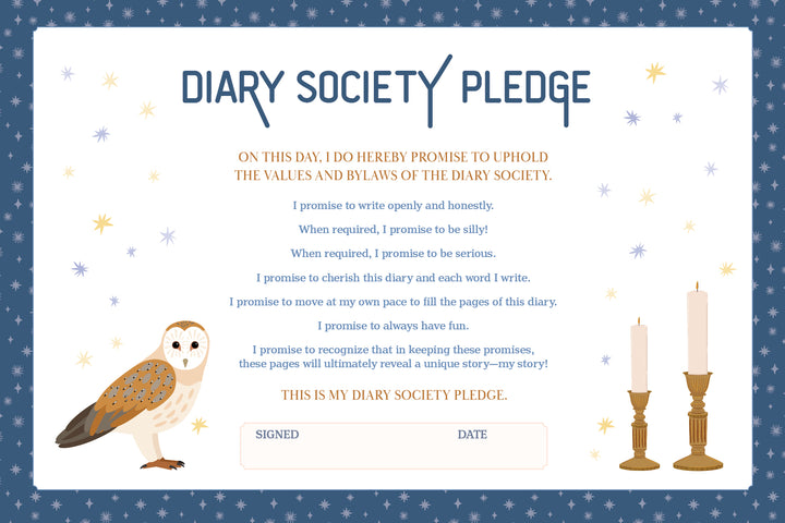 The Secret Diary Society All About Me pledge form by Schiffer Publishing, Ltd. features an illustrated owl, two candles, star motifs on a blue patterned border, creative journal spaces, prompts, and places to sign and date at the bottom.