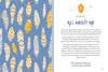 An illustrated spread from Schiffer Publishing, Ltd.'s "Secret Diary Society All About Me": the left page features orange, yellow, and white feathers on blue; the right has a chapter title and inspiring self-discovery text.