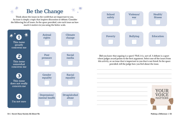The Secret Diary Society All About Me by Schiffer Publishing, Ltd. features a creative worksheet with circles to rate concern for topics like animal rights, climate change, and bullying, plus interactive prompts and lined space for self-reflection.