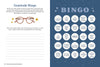 A two-page spread from Secret Diary Society All About Me by Schiffer Publishing, Ltd.: Left page has "Gratitude Bingo" with glasses illustration, prompts, and blanks. Right page features a blue bingo card with gratitude items like good grades and kindness.
