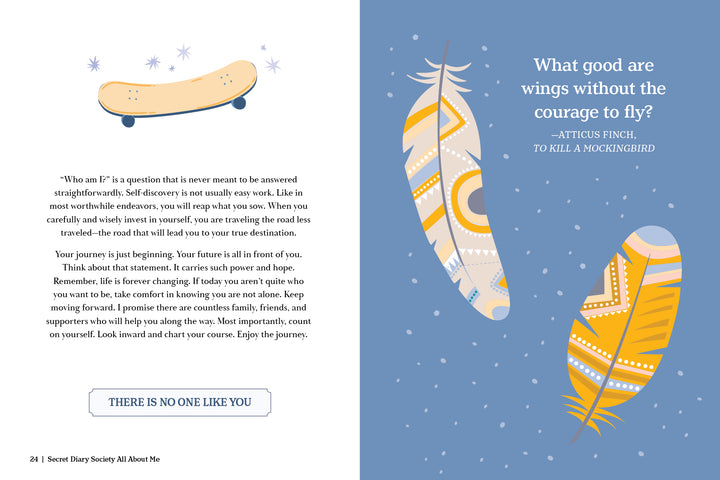 A spread from "Secret Diary Society All About Me" by Schiffer Publishing, Ltd.: the left page features a smiling skateboard above quotes and reflections; the right page displays a blue background, two decorated feathers, and a courage quote.