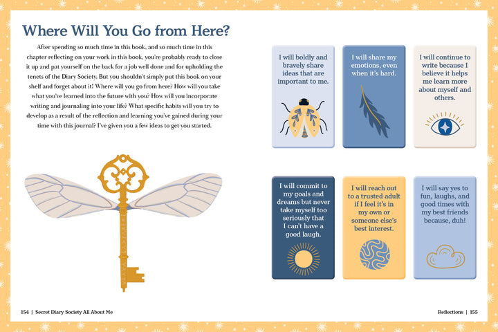 The Secret Diary Society All About Me by Schiffer Publishing, Ltd. features a dragonfly journal page with affirmation cards like “I will boldly and bravely share ideas,” a starry background, and interactive prompts for self-discovery.