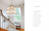 A split image displays a grand staircase with a chandelier and bench on the left, while the right shows the table of contents for "It's All in the Mix" by Schiffer Publishing, Ltd., a book full of interior design ideas and decorating tips.