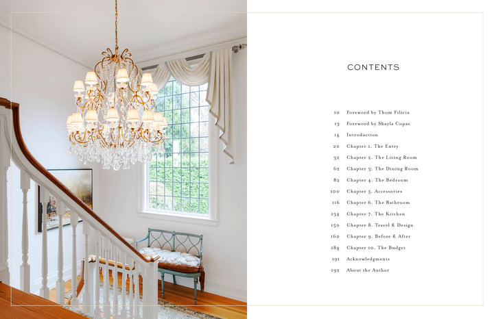 A split image displays a grand staircase with a chandelier and bench on the left, while the right shows the table of contents for "It's All in the Mix" by Schiffer Publishing, Ltd., a book full of interior design ideas and decorating tips.