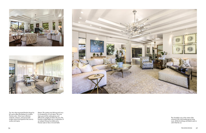 A spacious, elegant living room from "It’s All in the Mix" by Schiffer Publishing, Ltd. showcases neutral sofas, a modern chandelier, large windows with sheer curtains, and contemporary art; two inset images highlight plush armchair seating areas.