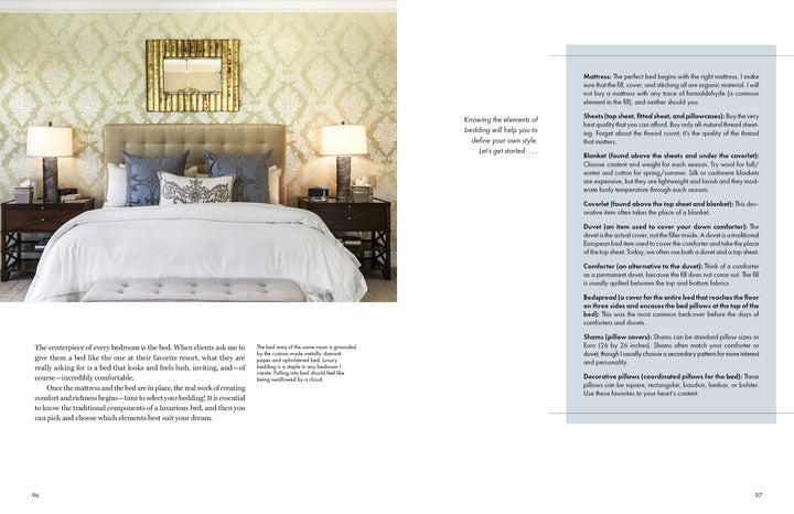 A stylish bedroom from Schiffer Publishing, Ltd.'s "It's All in the Mix" features a tufted headboard, two bedside tables with lamps, decorative pillows, patterned wallpaper, and neatly layered neutral bedding.