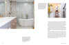 A modern bathroom featured in "It's All in the Mix" by Schiffer Publishing, Ltd. showcases a freestanding tub, glass shower, mosaic tile wall, and wood vanity with gold fixtures. Inset highlights a mirror, sconce, and shelf with décor accents.