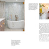 A modern bathroom featured in "It's All in the Mix" by Schiffer Publishing, Ltd. showcases a freestanding tub, glass shower, mosaic tile wall, and wood vanity with gold fixtures. Inset highlights a mirror, sconce, and shelf with décor accents.