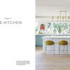 Modern kitchen with a white island, green barstools, light blue cabinets, and bright windows—ideal for inspiration. On the left: “Chapter 7 THE KITCHEN.” Featured in "It's All in the Mix" by Schiffer Publishing, Ltd.